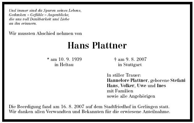 Plattner Hans 1939-2007 Todesanzeige